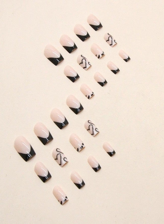 Maigitur French Tip Press on Nails Short Square Fake Nails Black Acrylic Nails with White Heart Design Stick on Nails Artificial Full Cover Glossy Glue on Nails for Women Girls Valentine's Day Manicure 24pcs… - Image 3